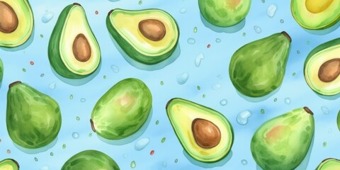 Fresh Organic Avocado Fruit Background, Horizontal Watercolor Illustration. Healthy Vegetarian Diet. Ai Generated Soft Colored Watercolor Illustration with Delicious Juicy Avocado Fruit.