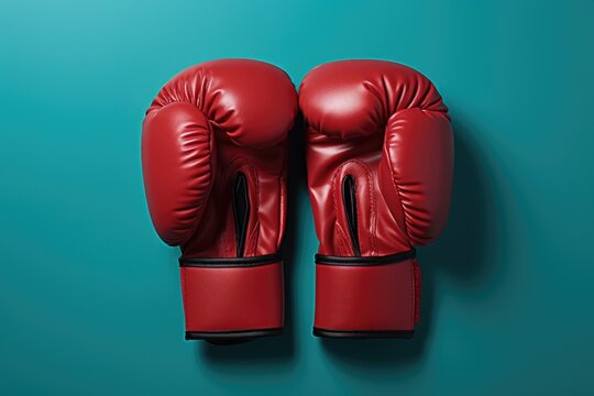 A pair of red boxing gloves on a blue background. Generative AI image.