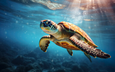 Fototapeta premium Sea turtle swimming in the ocean created with Generative AI technology