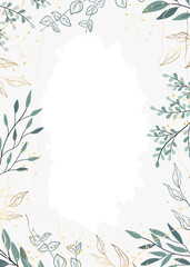 Abstract botanical background with tree branches and leaves in line art. Green and golden leaf, brush, line, splash of paint. Design vector illustration for invitation card, wallpaper, cover, banner