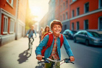 Student boy riding a bike to school