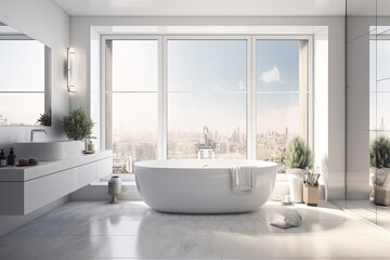 Bright bathroom interior with bathtub, empty white poster, and window with a view of the city. concept of spa treatments and hygiene for health. Generative AI