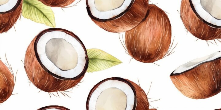 Fresh Organic Coconut Fruit Background, Horizontal Watercolor Illustration. Healthy Vegetarian Diet. Ai Generated Soft Colored Watercolor Illustration with Delicious Juicy Coconut Fruit.