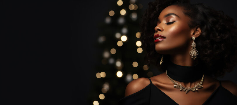 Festive Elegance celebration with a african black  woman adorned with luxury minimal jewelry. Festive beauty and cultural charm concept. AI Generative