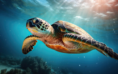 Fototapeta premium Sea turtle swimming in the ocean created with Generative AI technology