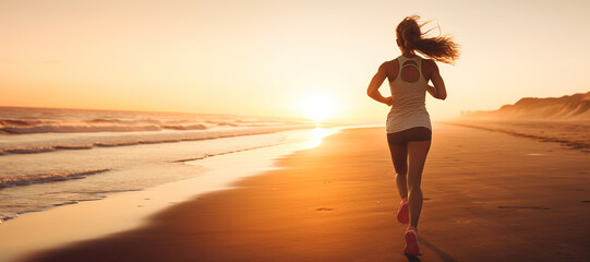 Athletic woman running on the beach at sunset - Powered by Adobe