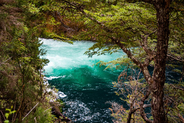 Los Alerces waterfall immersion pool, where the water is emerald color, in the Mascardi circuit, Nahuel Huapi National Park, Bariloche, Rio Negro, Patagonia Argentina