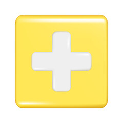 Realistic 3d yellow square shape with plus sign. Decorative square button icon, button symbol with education maths element. Abstract vector illustration isolated on white background