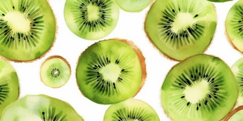 Fototapeta premium Fresh Organic Kiwi Fruit Background, Horizontal Watercolor Illustration. Healthy Vegetarian Diet. Ai Generated Soft Colored Watercolor Illustration with Delicious Juicy Kiwi Fruit.