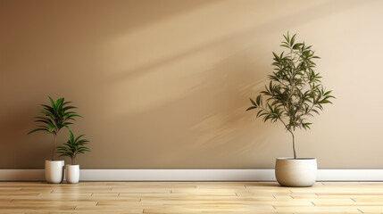Serene Interior: Beige Brown Wall with Green Tropical Tree in Modern Design