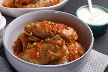 Delicious stuffed cabbage rolls cooked with homemade tomato sauce on table, closeup