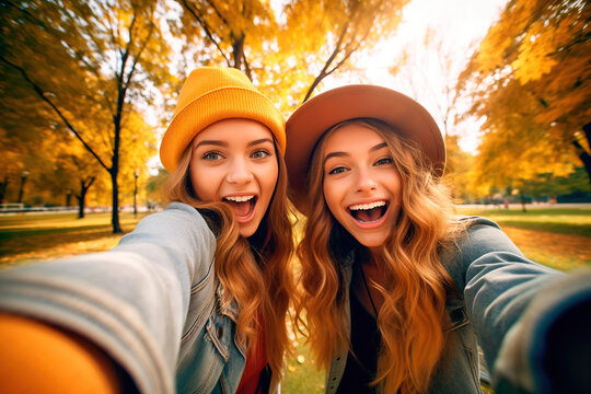 Two funny girls taking a selfie in a forest in autumn