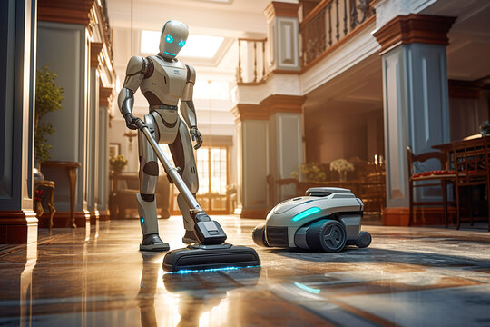 Humanoid robot cleaning the house. Future concept.