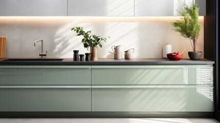 Modern kitchen with luxurious sage green counter, induction cooktop, cupboards, white tile splashback, marble floor in sunlight—a great 3D interior product background.