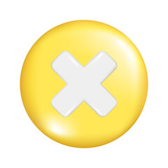 Fototapeta premium Realistic 3d yellow round sphere shape with multiply or cross sign. Decorative circle button icon, spherical symbol, education maths element. Abstract vector illustration isolated on white background.