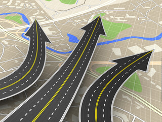 3d illustration of road choice concept over map background