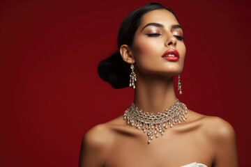 Festive Elegance celebration with a pretty Indian woman adorned with luxury minimal jewelry. Festive beauty and cultural charm concept. AI Generative
