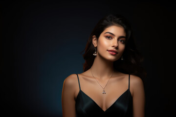 Fototapeta na wymiar Festive Elegance celebration with a pretty Indian woman adorned with luxury minimal jewelry. Festive beauty and cultural charm concept. AI Generative