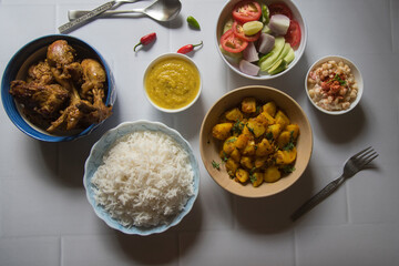 Ready to eat Indian non veg lunch menu served. Top view, selective focus.  