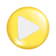 Realistic 3d yellow round sphere shape with play sign. Decorative circle button icon, spherical symbol, play button element. Abstract vector illustration isolated on white background