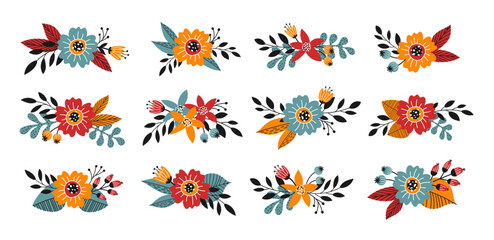 Big set of hand drawn fall floral arrangements. Floral decorative elements in a flat style. Vector illustration