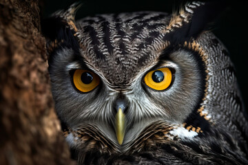 Portrait of horned owl with beautiful eyes on night background. Amazing Wildlife. Generative Ai