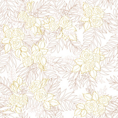 Vector seamless pattern with roses in gold tones, leaves and twigs in warm pastel colors