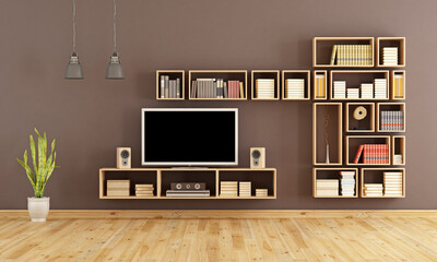 Brown living room with wooden bookcase and home cinema system - 3d rendering