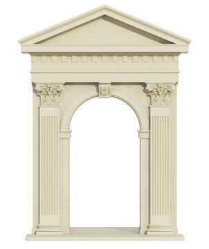 Front view of a classic arch with Corinthian column and triangular tympanum isolated on white - 3d Rendering