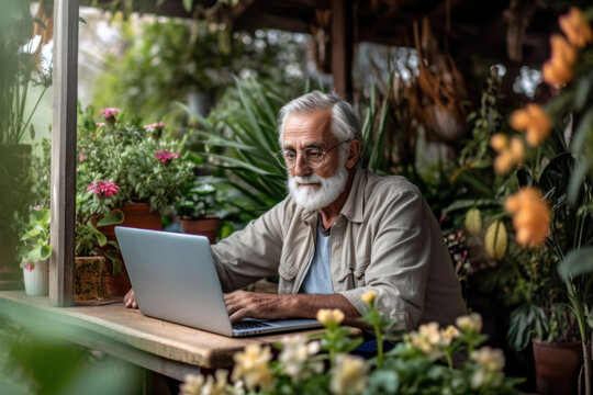 Senior gray-haired man wearing glasses working using laptop outdoors in his garden.