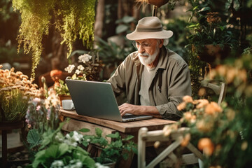 Retired man sitting in his garden with green plants using laptop.