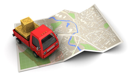 3d illustration of truck with cargo and map, delivery navigation concept