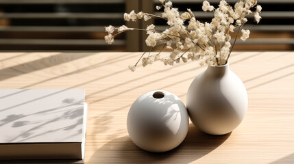 A modern, minimal gray spherical vase with a white bouquet on a book, table counter podium bathed in sunlight. Ideal for backdrop for showcasing luxury organic cosmetic skincare beauty products.