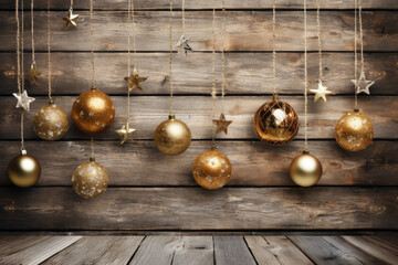 Rustic Christmas Retreat. Wooden backgrounds with Christmas decorations, creating a rustic ambiance. Perfect for text - copy space included. AI Generative