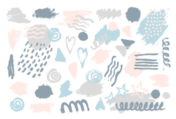 Abstract set of colorful brush, splash, texture, drop, stroke of paint. Collection of heart, star, line, circle, round, wave, triangle shape. Vector illustration elements isolated on white background