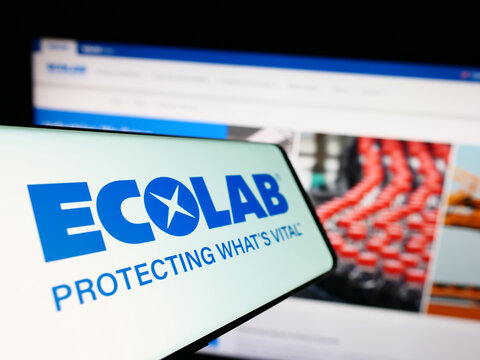 Stuttgart, Germany - 07-01-2023: Mobile phone with logo of American water technology company Ecolab Inc. on screen in front of website. Focus on center-left of phone display.