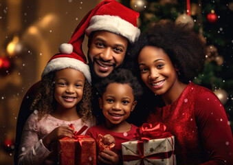 Joyful Black Family Receiving Gifts with Christmas Tree in the Background. Holiday Concept AI Generative