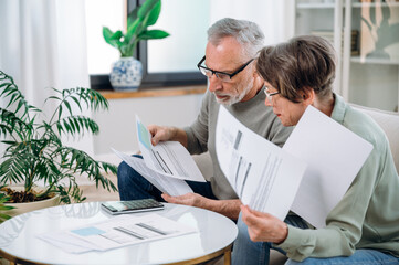 Elderly couple checking documents with tax and internal bills