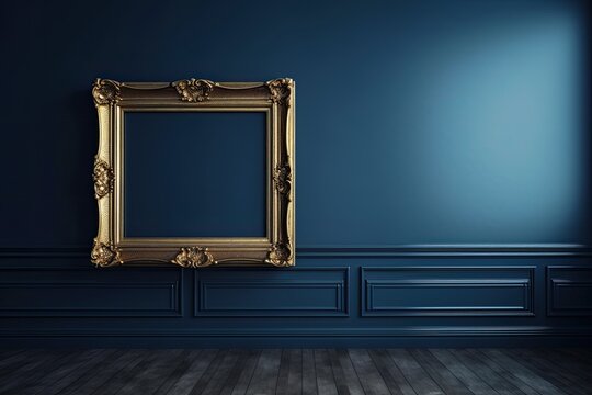 An antique art fair gallery frame on a royal blue wall at a museum or auction house. A blank template with white copyspace for a prototype design. Generative AI