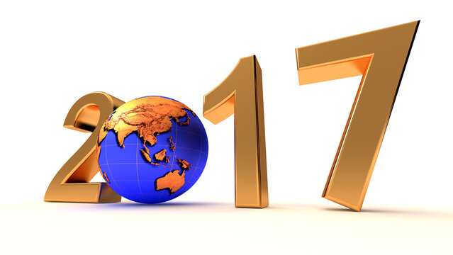 Year 2017, Earth gobe on the white - 3d illustration. Asia, Australia, Japan