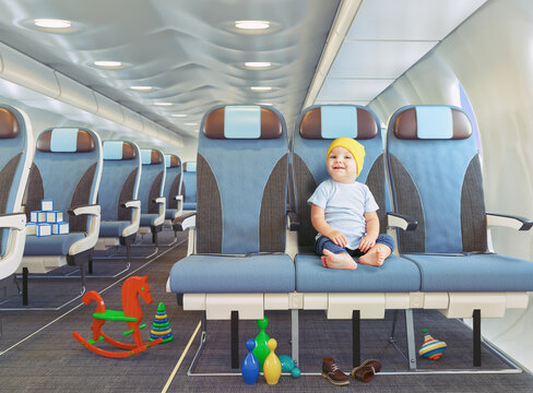 little boy  in the airplane cabin. Photo combination concept.