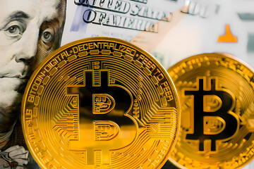 Golden bitcoin with Benjamin Franklin portrait from one hundred american dollars. Business concept of worldwide cryptocurrency. Illustration close up.