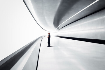Man in a futuristic tunnel with lights - obrazy, fototapety, plakaty