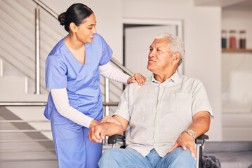 Happy woman, nurse and talking to patient in wheelchair for support, medical service and physical therapy in retirement home. Caregiver helping elderly person with disability, healthcare and nursing