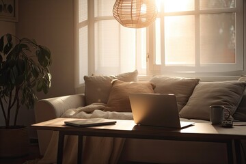Blank laptop screen on cozy sofa amid soft sunlight shadows. Interior design template in a minimalistic boho style with mockup copy space. Generative AI