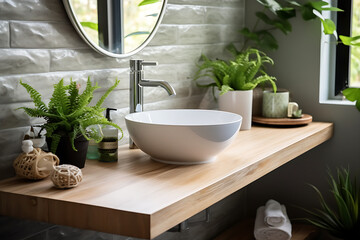 interior design of white modern bathroom. Bright room. Modern interior. Green plants on wooden counter and bathroom sink. created generative ai.