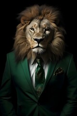 lions in suits. Images of lions wearing modern, elegant and colorful suits. stylish lions. Images generated by artificial inteligence
