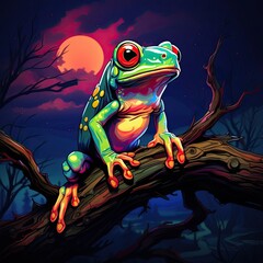 In the dark, a vibrant frog perches on a tree branch. (Illustration, Generative AI)