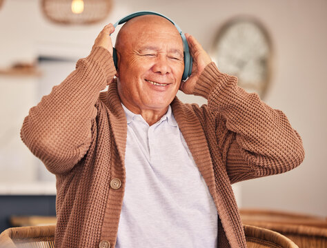 Happy, Senior And A Man With Headphones For Music, Podcast Or Audio While In A Home. Smile, Relax And An Elderly Person With Radio, Streaming Track Or Listening To A Playlist On Electronic Gear