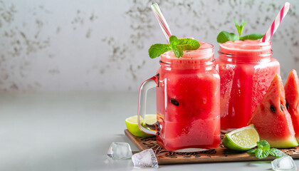 Fresh red watermelon slice and smoothie in glass jar with straw, ice, mint, lime on light background, copy space